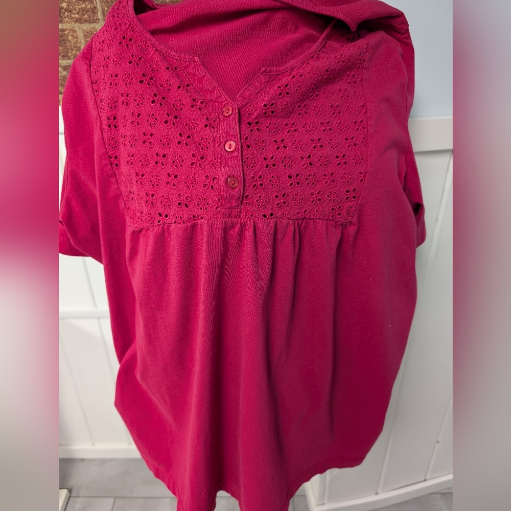 Easy Essentials Eyelet Yoke Red, Woman Plus Size 3X, 100% Cotton Tee - Picture 8 of 12